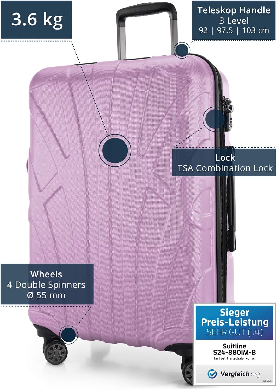 Suitline - Hardshell Suitcase Trolley Travel Luggage Hardcase with Extension, TSA, 66 cm, 58-68 litres, 100% ABS mat, Lilac - Image 3