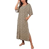PrinStory Womens Long Nightgown Round Neck Nightshirts Short Sleeve Loose Loungewear Casual Sleep Dress With Pockets