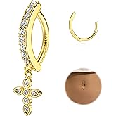 FIBO STEEL 14K Gold Plated Belly Button Rings for Women Clicker Dangle Belly Rings CZ Pearl Star Shells Barbell Navel Rings 316L Surgical Steel Belly Piercing Jewelry 14G