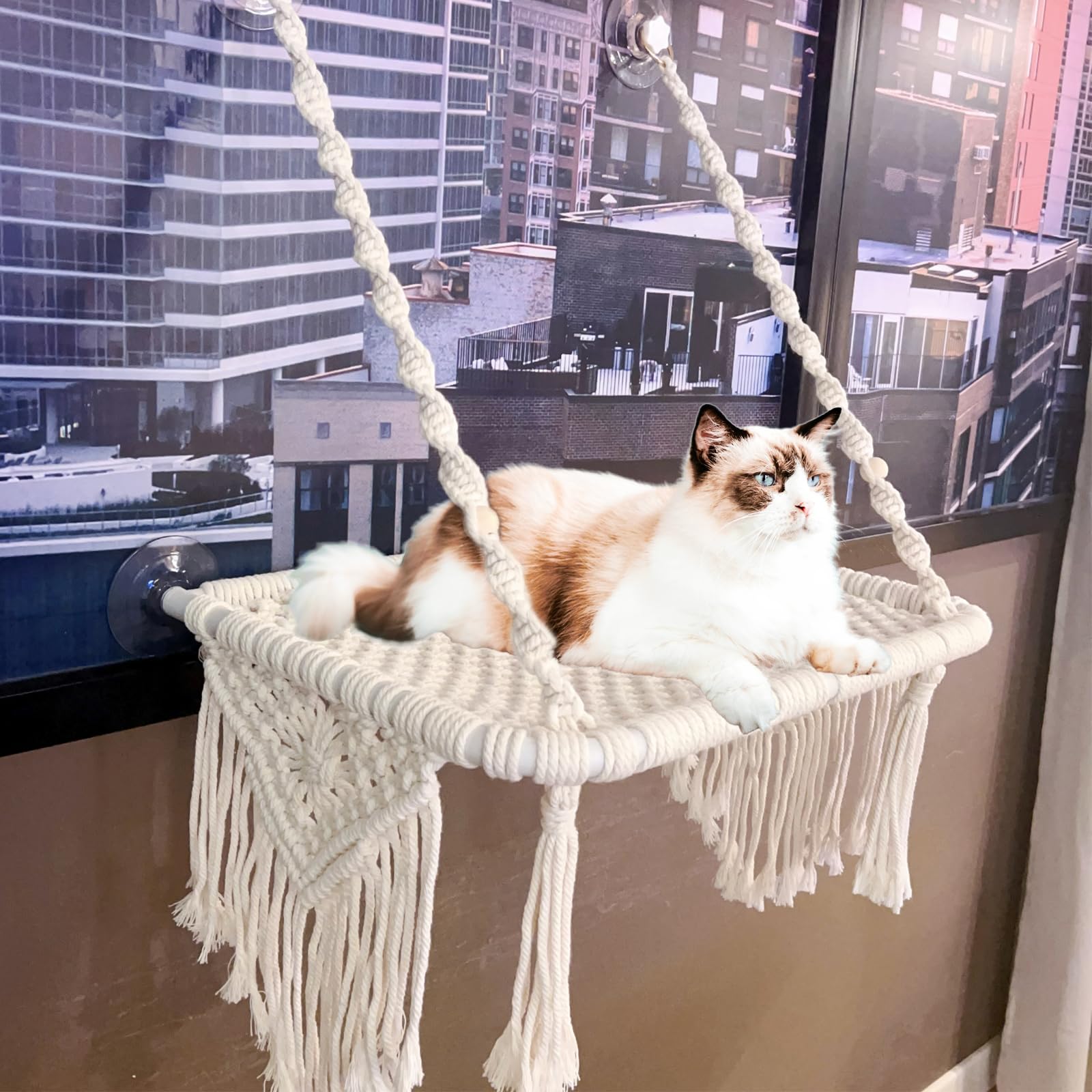 Photo 1 of TOYAFUN Cat Window Perch for Indoor Cats - Breathable Cat Window Hammock with 4 Strong Suction Cups - Boho Cat Window Bed with Solid Metal Frame for Cats & Kittens Inside - Maximum Hold Up to 40lbs