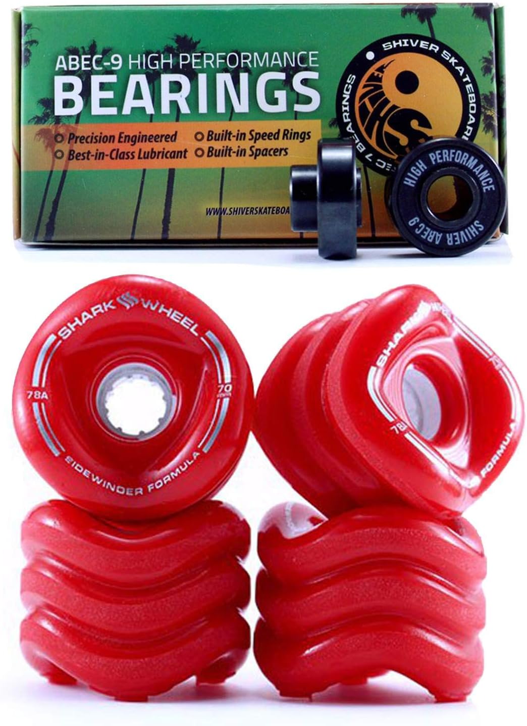 Shark Wheel 60mm, 70mm and 72mm Longboard/Cruiser Wheels (78a) with Free Shiver ABEC 9 Bearings