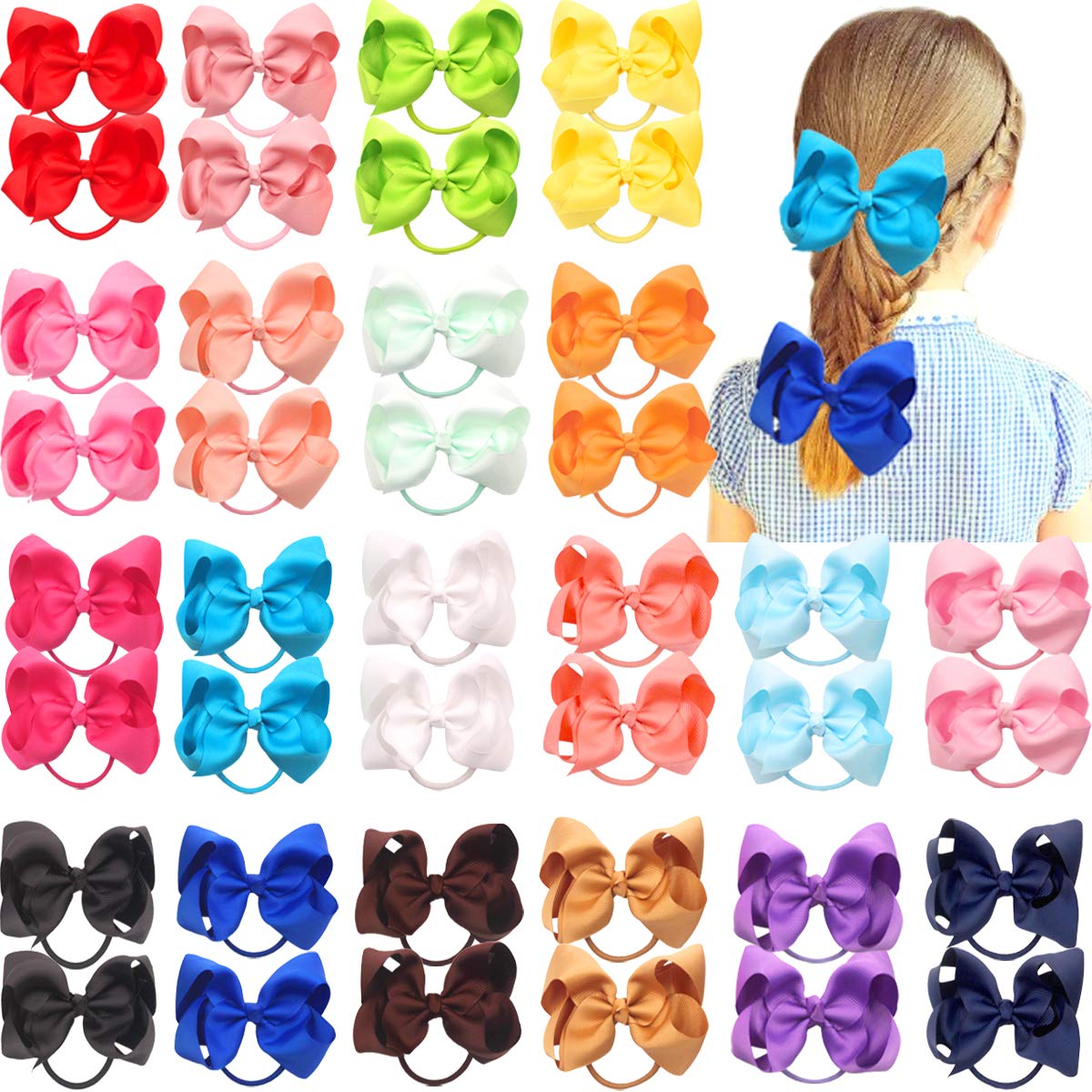 Photo 1 of CÉLLOT 40Pcs 4.5 Inches Boutique Pops Hair Bows Elastic Hair Ties Grosgrain Ribbon Big Cheer Bow Ponytail Holder Rubber Hair Bands for Baby Girls In Pairs