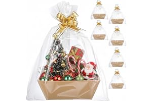 Mimorou 6 Pack Baskets for Gifts Empty To Fill, Kraft Empty Gift Basket Kit Bulk with Handle 6 Wrap Bag 10 Pull Bow DIY for Christmas Wedding Birthday Party Holiday(Gold,Classic Style)
