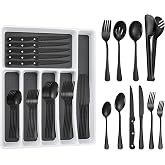 53PCS Black Silverware Set for 8 with Flatware Drawer Organizer, Stainless Steel Cutlery Set with Steak Knives, Include Spoons and Forks Set &amp; Serving Utensils, Mirror Polished, Dishwasher Safe