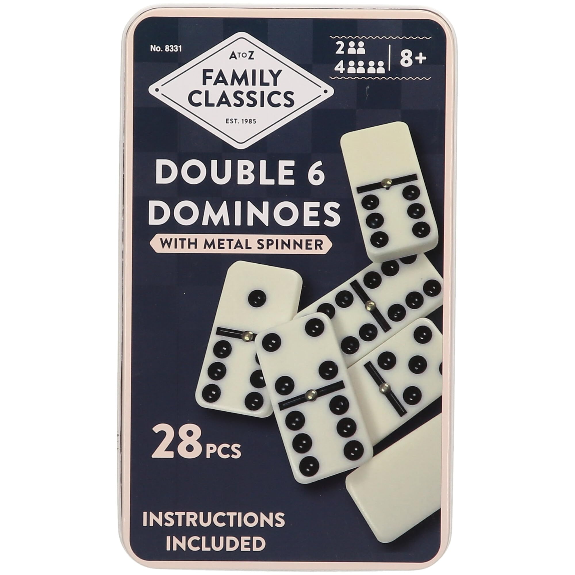 Family Classics Double 6 Dominoes Set with Metal Spinner, 28 Pieces, Ages 8+, 2-4 Players