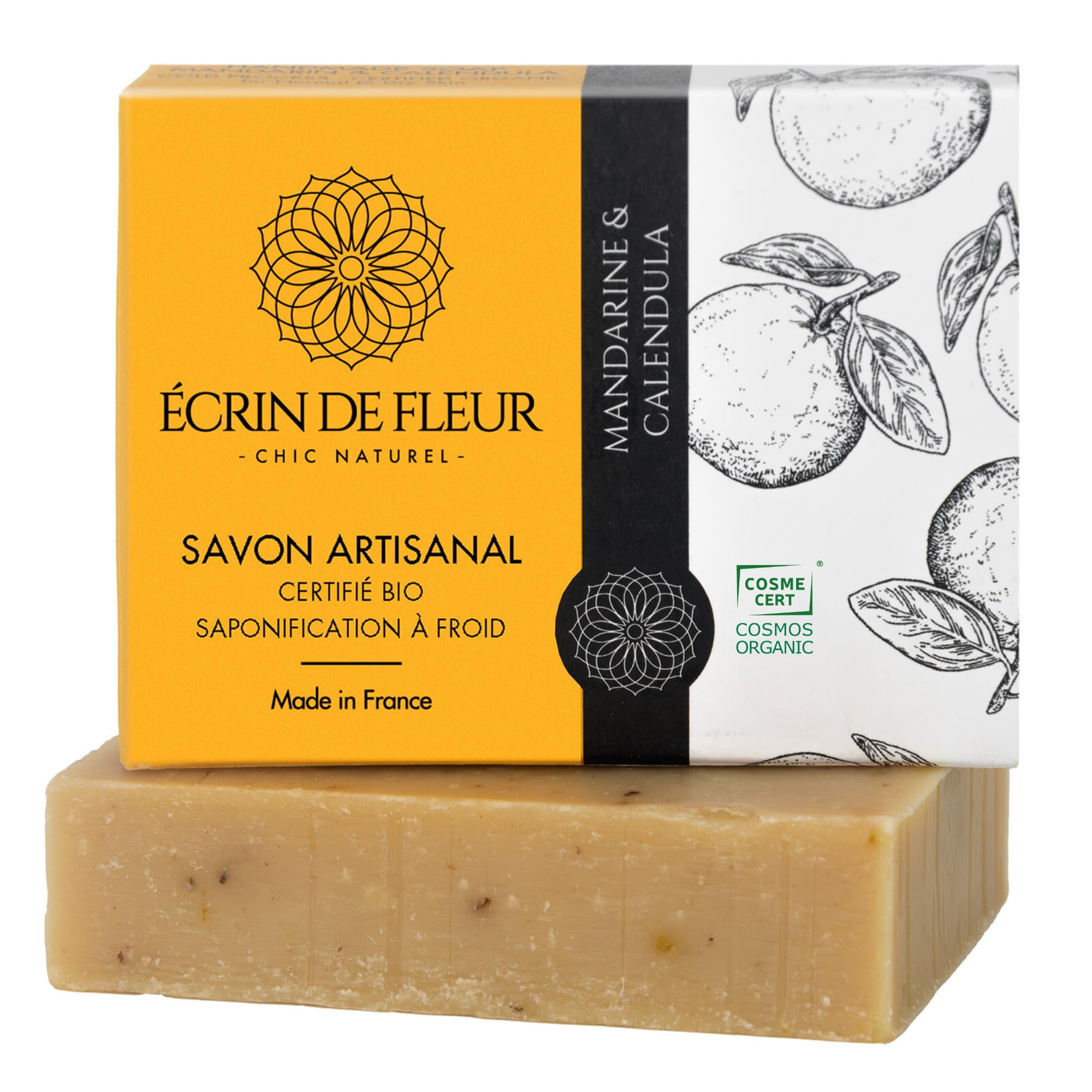 Écrin de Fleur – Organic Soap Bar for Dry Skin, Mandarin & Calendula, Handmade in France, COSMOS Certified, 90g