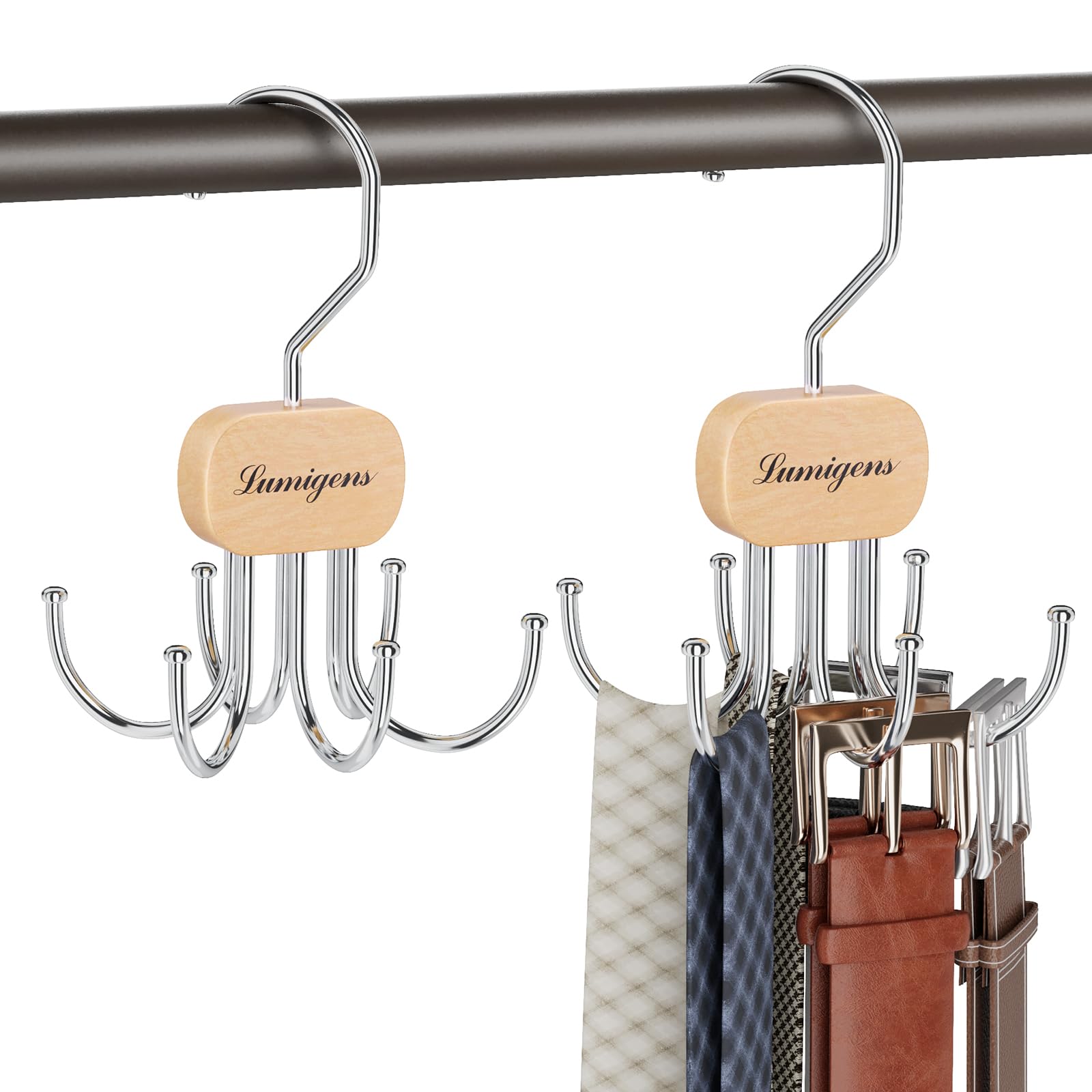 Belt Hanger, Belt Organizer for Closet,Rotatable Tie Rack,Belt Holder,Hanging Closet Storage Hook for Belt, Bra, Tank Top, Tie, Scarf, Purse,2PCS,Natural