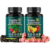 (120 Chews) Fruits and Veggies Supplement - Super Greens Gummies (9 Superfruits & 30 Veggies) Mushrooms, Fruit and Vegetable Vitamins, Non-GMO, Pectin-Based, Gluten-Free, No Capsules