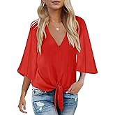 Bluetime Womens Tie Front Tops 3/4 Bell Sleeve V Neck Cute Summer Tops Shirts Casual Chiffon Blouses