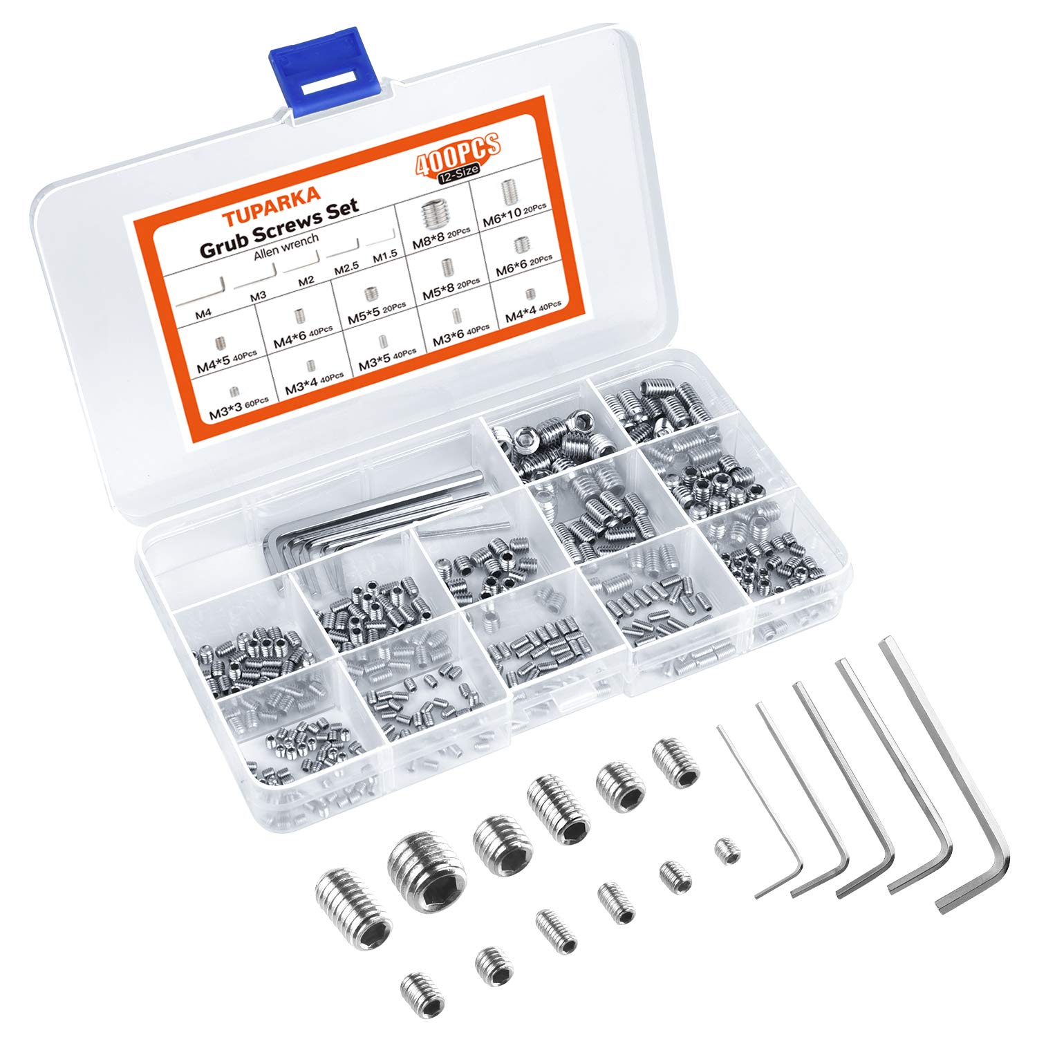 TUPARKA 400 Pcs Allen Key Screws Set M3 M4 M5 M6 M8 Stainless Steel Hex Grub Screws Cone Point Set Screw with Key Wrench in PP Box