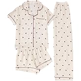 BEAUDRM Women's 3 Piece Pajama Sets Cherry Graphic Short Sleeve Button Down Shirt and Shorts Pants Set Loungewear Pj Sets