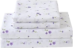 Softan Purple Floral Twin Size Sheet Set, 3 Pieces Microfiber Single Bed Sheets for Girls, Cozy Fitted Sheet with 15" Deep Pockets & Non-Slip Straps, Cute Purple Flower Sheets & Pillowcase Set