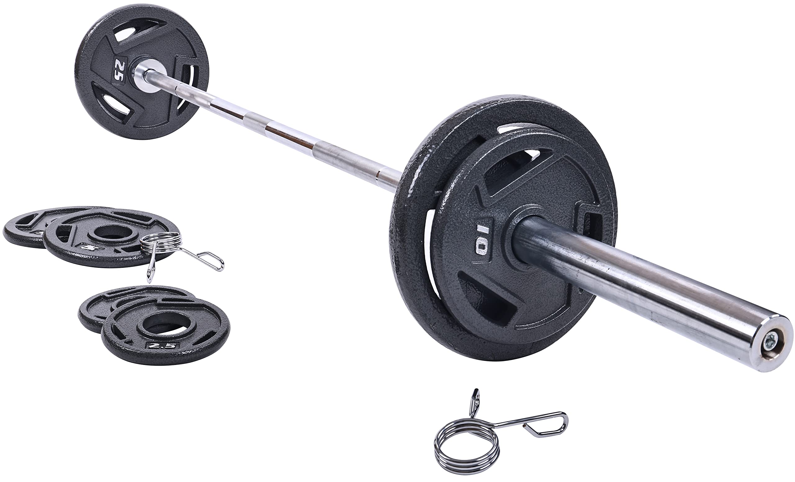 Photo 1 of Signature Fitness Cast Iron Olympic 2-Inch Weight Plates Including 7FT Olympic Barbell, 130-Pound Set (85 Pounds Plates + 45 Pounds Barbell), Multiple Packages, Style #3