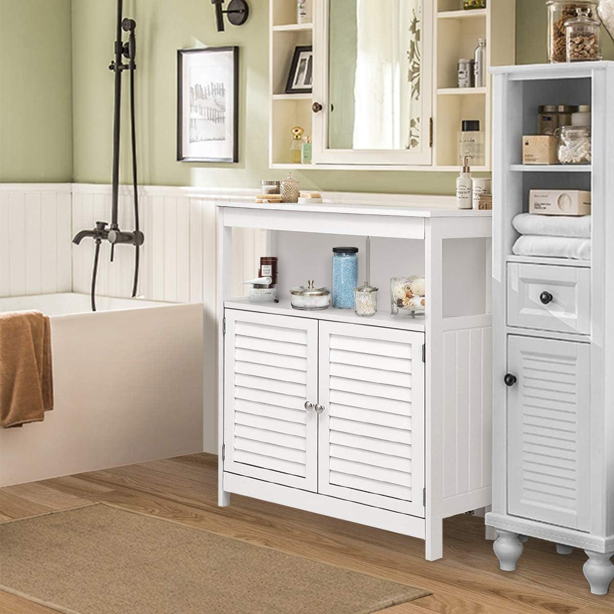 KINGSO Bathroom Floor Cabinet, Free Standing Bathroom Storage Cabinet with Double Shutter Door and Adjustable Shelf for Home Office-White: Furniture & Decor