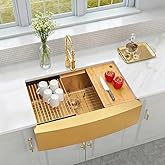 MONSINTA Gold Farmhouse Kitchen Sink, 16 Gauge SUS304 Stainless Steel Farm Sinks, All In One Workstation Sink with Ledge & Ac