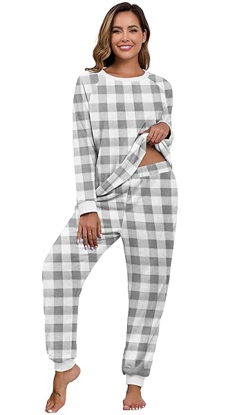 PRINSTORY FLUFFY PAJAMAS FOR WOMEN SOFT FLEECE WARM PAJAMA SET FUZZY PJS WINTER 2 PIECE FLANNEL LOUNGE SETS WITH POCKETS FP-GRAY SMALL PLAID-L