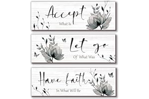 ONIZHITY 3 Pcs Black And White Bathroom Decor Rustic Flower Black Wall Art Accept Let Go Have Faith Farmhouse Bedroom Wall Decor Wooden Inspirational Quotes Grey Decoration for Living Room(Black,12 x 4 Inches)