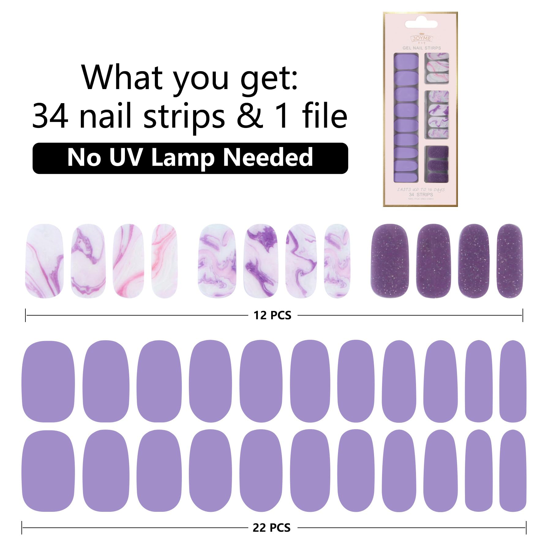 LabTabBa 34pcs Gloss Nail Strips, UV-Free Nail Stickers, Nail Polish Strips Gradient Full Nail Wraps, Self-Adhesive Glitter Nail DIY, 12 Sizes with Cuticle Stick and Nail File - Image 2