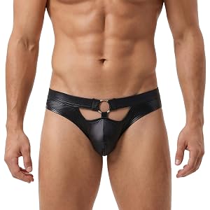 FEOYA Mens Faux Leather Bikini Briefs Sexy Thong Underwear Low Rise Jockstrap Pouch Trunks Clubwear