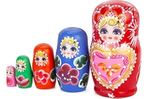 POPLAY Nesting Dolls for Kids, 5PCS Wooden Handmade Matryoshka Stacking Toys for Birthday Gifts and Home Decor