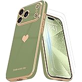 Teageo for iPhone 17 Pro Case with Screen Protector [2 Pack] Girl Women Cute Girly Love-Heart Luxury Gold Soft Cover Camera Protection Shockproof Phone Case for iPhone 17 Pro, Light Green