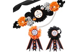 JOYMEMO Orange Black Halloween Baby Shower Maternity Sash and Corsage Pin Set, A Baby is Brewing Belly Belt, Mom to Be & Daddy to Be Corsage, Pregnancy Gender Reveal Party Photo Props Gift for New Parents