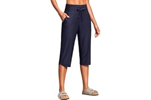 ISEEGZ Women's Swim Capris Pants High Waist Tummy Control Quick Dry UPF 50+ Long Board Shorts with Liner and Pockets