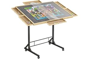 PLYFOU 1500 Piece Jigsaw Puzzle Table with 6 Drawers and Legs, Adjustable 34"x 26" Wooden Puzzle Board with 4 Wheels, Height and Angle Adjustable Gifts for Adults and Kids