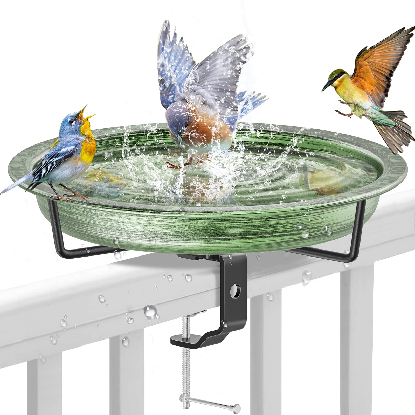 Photo 1 of VeyFolzin.st Deck Mounted Bird Bath for Outside, Detachable Birdbath Bowl with Sturdy Clamp, Outdoor Bird Baths Bowl for Attracting Birds Garden Yard Decor (Retro Green)