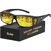 Bziia Night Vision Glasses Wrap-Around for Men Women,Fit Over Glasses,UV Polarized Night Driving Glasses with HD Lens