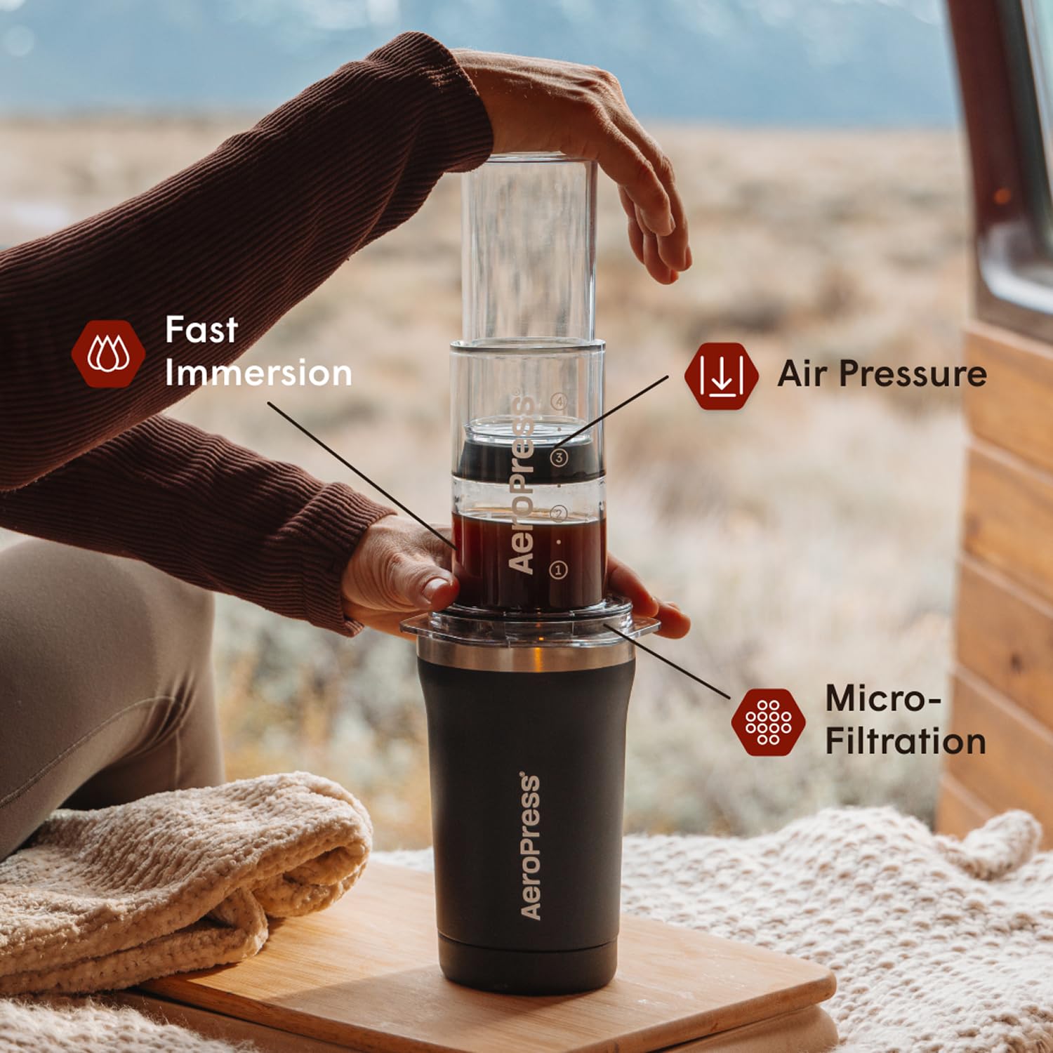 AeroPress Go Plus, pequeño kit de cafetera portátil, viajes, camping y oficina, prensa francesa todo en uno, cafetera manual estilo vertido y espresso, preparación de 2 minutos para menos amargura, más sabor, negro