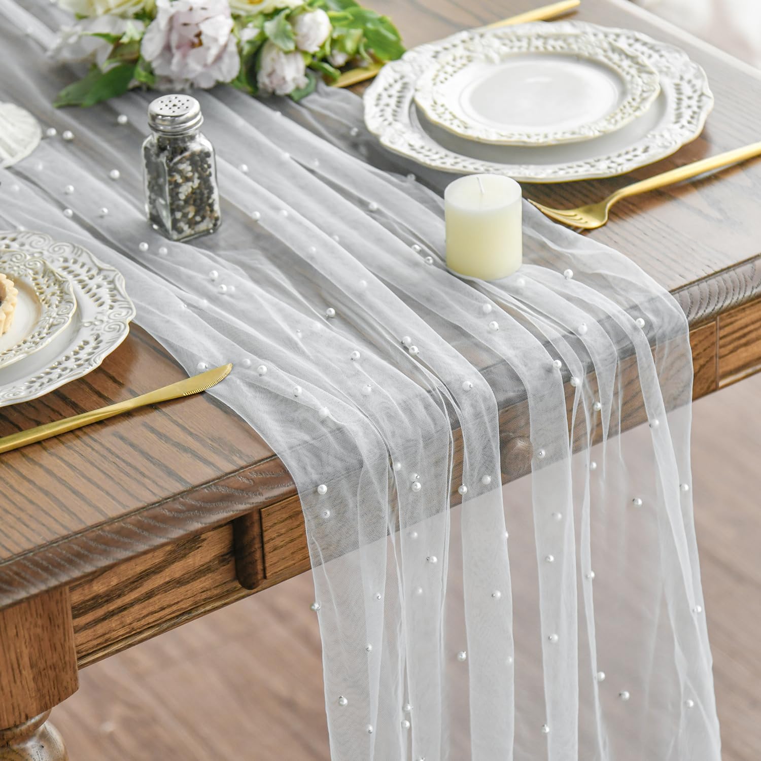 Photo 1 of Artoid Mode Pearl Gauze Table Runner 120 Inch 10FT, Seasonal Sheer Dining Holiday Wedding Birthday Baby Shower Table Decor for Home Party