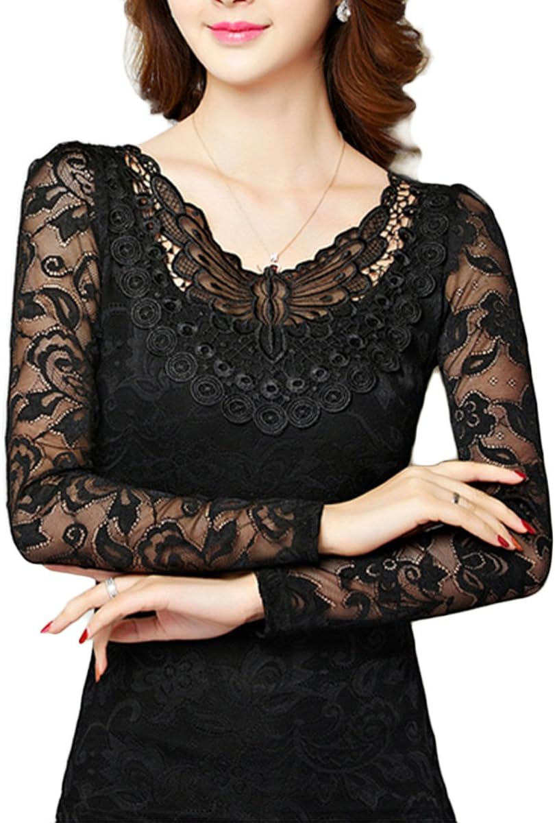 Erlking Women's Crochet Floral Sheer Black Lace Blouse Tops Color Black Size M