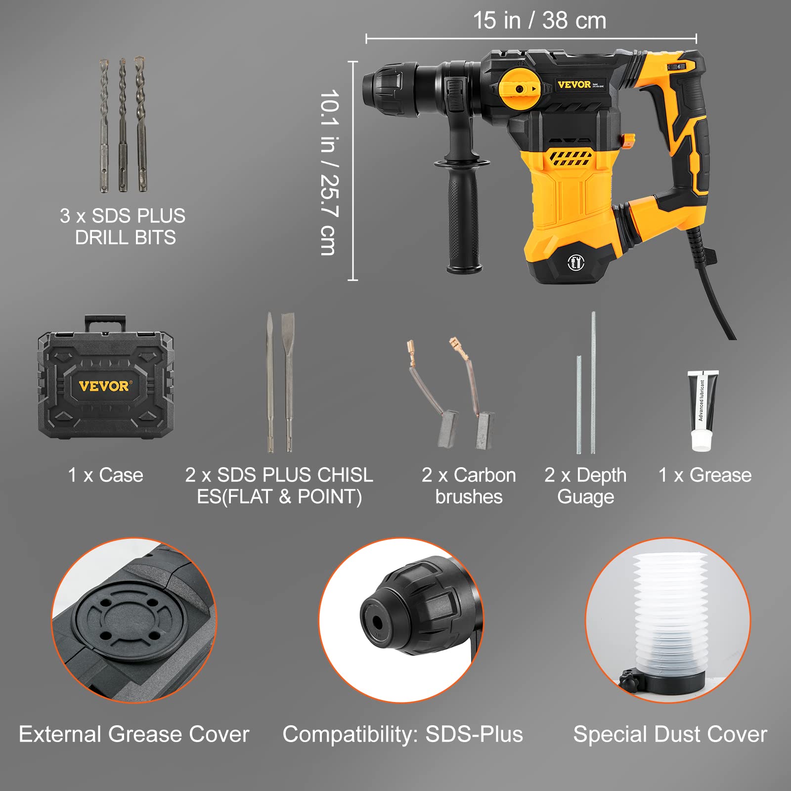 VEVOR 1-1/4 Inch SDS-Plus Rotary Hammer Drill, 13 Amp Corded Drills, Heavy Duty Chipping Hammers w/Vibration Control & Safety Clutch, Electric Demolition Hammers Variable Speed, Power Tool For Concret