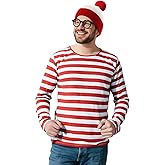 Coskidshas Adults Red and White Striped Shirt Costume Halloween Cosplay Outfits Sweatshirt Long Sleeve Shirt Hat Glasses