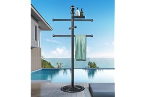 YOZOLUCK Pool Towel Rack Outdoor, 6 Bars with Top Tray Metal Heavy Duty Never Tilt Pool Accessories with Heavy Metal Base, Hot Tub Accessories Towel Dying Rack Towel Stand for Pool, Hot Tub etc