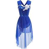 AFAVOM Sequin Flower Lyrical Dance Dress for Women Cross Straps Leotard High Low Flowy Mesh Skirt Contemporary Dance Costume