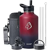 BUZIO 64 oz Water Bottle Insulated with Straw & 3 lid and Carrying Pouch, Leak Proof Half Gallon Stainless Steel Water Flask Jug, Cold for 48 Hrs Double Vacuum Thermo Canteen, BPA-Free, Ruby Red Navy