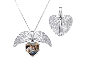 Picture Necklaces Personalized Angel Wings Necklace Custom Heart Locket Necklace with Picture Inside, Customized Photo Memori