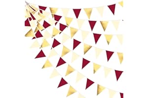 PINKBLUME Burgundy Party Decorations Gold Maroon Beige Fabric Triangle Pennant Banner Garnet Flag Bunting Garland for Graduation Wedding Birthday Bridal Shower Bachelorette Anniversary Engagement Party Supplies