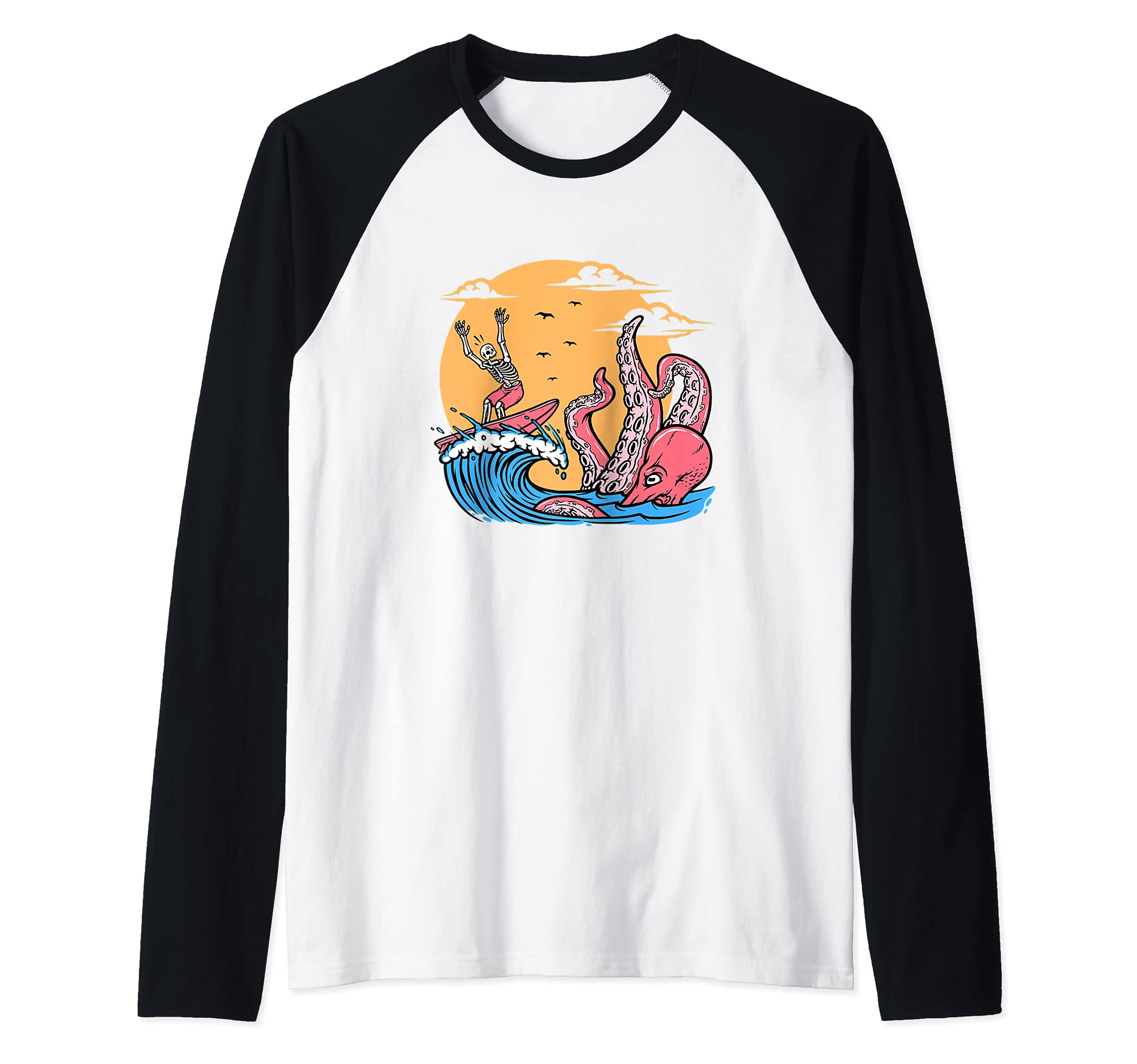 Skeleton Surfer Chased By Octopus Raglan Baseball Tee