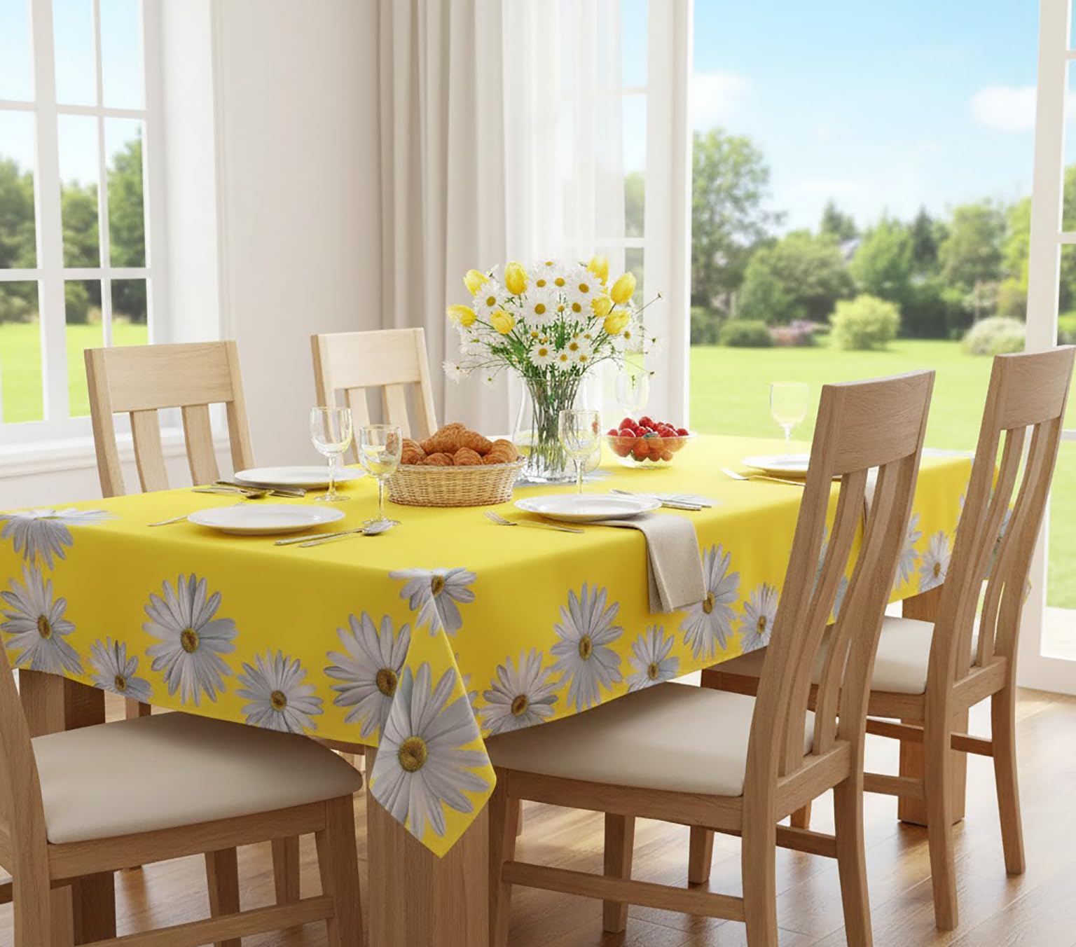 Charming and very high-quality series "Margeriten" - high-quality print motif with wonderful large daisies - flowers - a real eye catcher from the Kamaca shop - spring, summer, Polyester, sunshine yellow, Tischdecke 130x170 cm