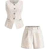 winkbay Women's 2 Piece Business Casual Outfits Summer Button Up Crew Neck Blazer Vest and Shorts Set