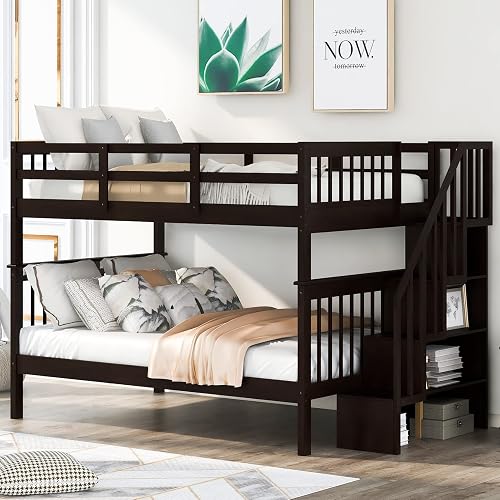 Harper & Bright Designs Full Over Full Bunk Bed with Stairs, Solid Wood ...