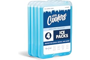 Cool Coolers by Fit & Fresh 4 Pack XL Slim Ice Packs, Quick Freeze Space Saving Reusable Ice Packs for Lunch Boxes or Coolers, Blue, 239ICE, 4 count (Pack of 1)