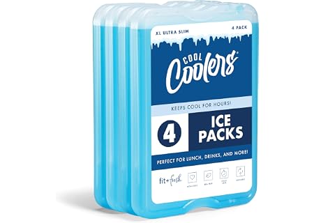 Cool Coolers by Fit & Fresh 4 Pack XL Slim Ice Packs, Quick Freeze Space Saving Reusable Ice Packs for Lunch Boxes or Coolers