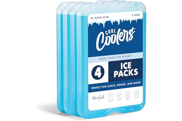 Cool Coolers by Fit & Fresh 4 Pack XL Slim Ice Packs, Quick Freeze Space Saving Reusable Ice Packs for Lunch Boxes or Coolers, Blue, 239ICE, 4 count (Pack of 1)