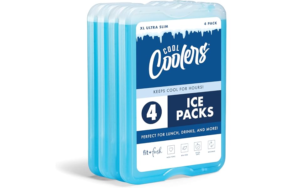 Cool Coolers by Fit & Fresh 4 Pack XL Slim Ice Packs, Quick Freeze Space Saving Reusable Ice Packs for Lunch Boxes or Coolers