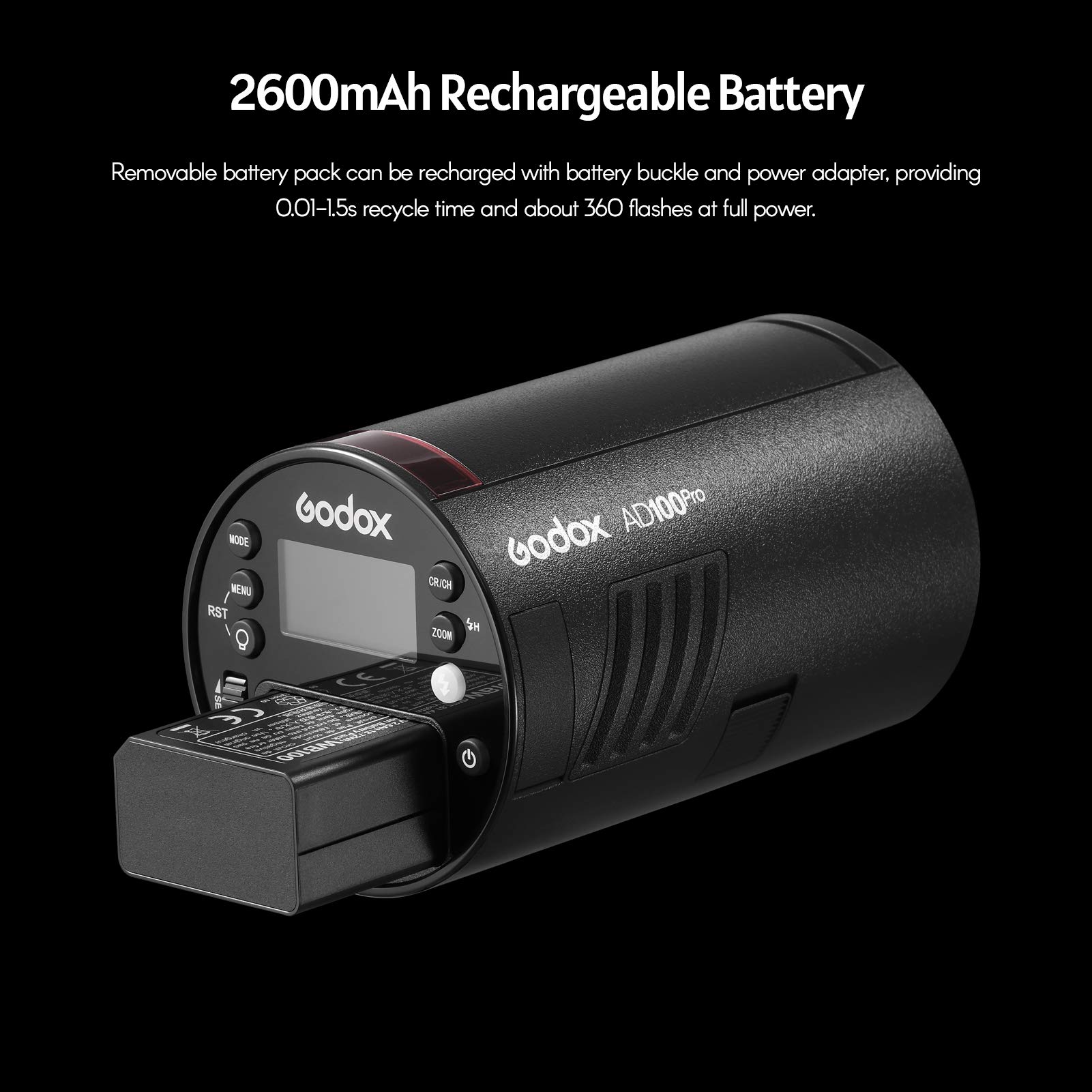 GODOX AD100Pro Pocket Studio Flash Light Photography Light OLED Screen 5800K 1/8000s Sync TTL/Multi/M Flash Built-in 2.4G Wilreless X System 5 Groups 32 Channels with Rechargeable 2600mAh Battery