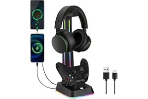 JDGPOKOO Controller Charger with RGB Headphone Stand for Xbox Series X|S/One/X|S/One Elite, XSX Controller Charger Station with 2 USB Charging Ports, Headset and Controllers Stand Holder -Black